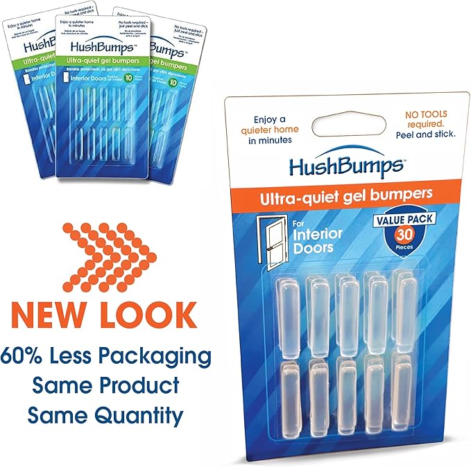 HushBumps Ultra-Quiet Bumpers for Interior Doors 3-Pack. Prevents Door Slamming and Provides Soft Close. Just Peel & Stick. No Tools Required. Silences Door Closing. 30 pcs.