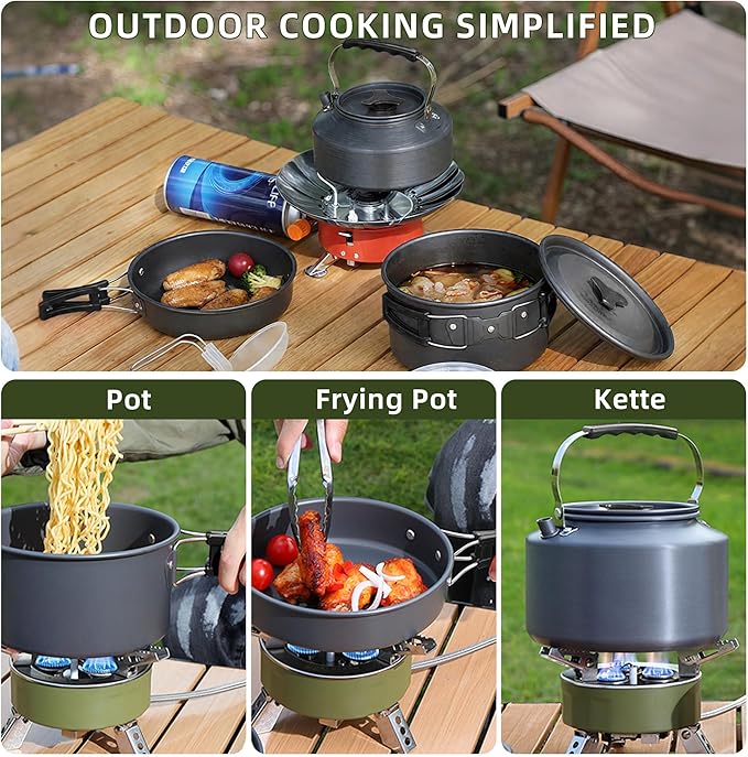 aiGear Camping Cooking Set Cookware Mess Kit with Storage Bag Pot Pan and Teapot Set Camping Accessories for Outdoor Camping Hiking Picnic Portable and Lightweight Aluminum Color Green,Black,Orange