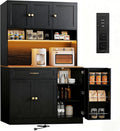 72" Kitchen Pantry Cabinet with LED Light and Charging Station Tall Pantry Storage Cabinet with Adjustable Shelves and Door Shelves Modern Kitchen Hutch with Countertop Black