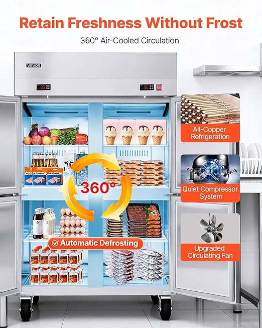VEVOR Commercial Refrigerator and Freezer Combo 48" W, 31 Cu.Ft Stainless Steel Upright Freezer/Refrigerator with 4 Doors, Auto-Defrost, 6 Adjustable Shelves, UL Certified