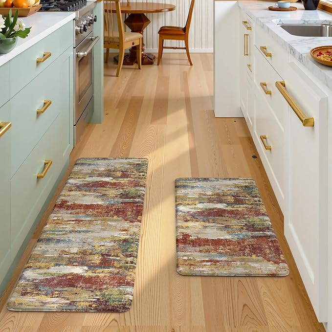 Collive Anti Fatigue Mats for Kitchen Floor, Abstract Cushioned Non Slip Kitchens Rugs Sets of 2 Waterproof, Red Comfort Foam Standing Mat for Sink, Laundry, Home Office, 17"x47"+17"x29"