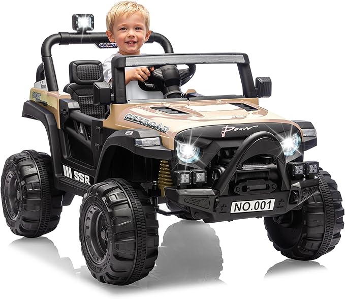 12V Kids Ride on Car, Electric Ride on Truck w/Parent Remote, Spring Suspension, Bluetooth Music, LED Light, 4.1Mph Max Speed, 3 Speeds, Battery Powered Vehicles for Kids Toddler Age 3-8, Khaki