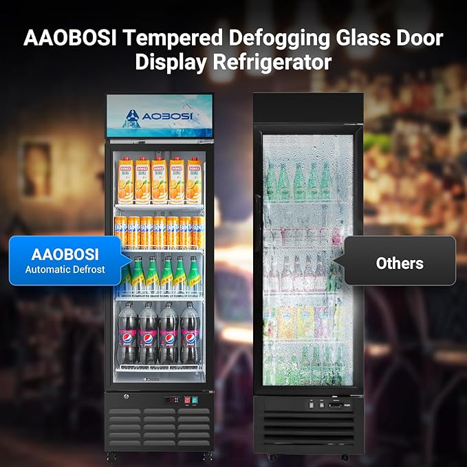 AAOBOSI Commercial Merchandiser Refrigerator,12.29 Cu.Ft Glass Door Display Refrigerator,Upright Beverage Fridge with Soft LED Light,Customizable Lightbox,Universal Casters, Adjustable Shelves