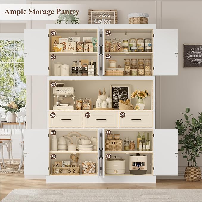 HITHOS 76" Tall Kitchen Pantry Storage Cabinet, 55“ Wide Kitchen Hutch Cabinet with Storage Drawers, Large Food Pantry with Microwave Stand, Modern Cupboard with Hutch for Dining Living Room, White