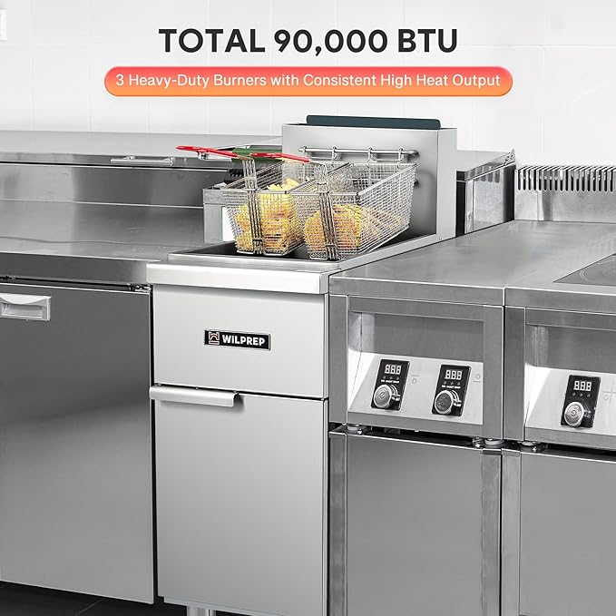 WILPREP Commercial Gas Floor Fryer, 3 Burner Commercial Deep Fryer with 2 Baskets 90000 BTU 40 lb. Capacity 400°F Constant Temperature, Stainless Steel Liquid Propane Deep Fryer for Restaurant Kitchen