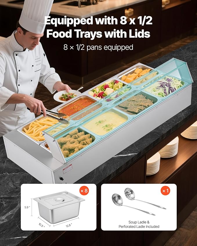VEVOR Commercial Food Warmer, 1700W Electric Stainless Steel Steam Food Warmer with Glass Cover, 8-Pan Countertop Buffet Bain Marie with Soup & Perforated Ladles, for Catering, Restaurant & Party