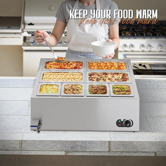 Jocisland 8-Pan Commercial Food Warmer, 48QT Electric Steam Table, 1200W Stainless Steel with Temp Control, Lid & Food Tongs for Catering and Parties, 110V