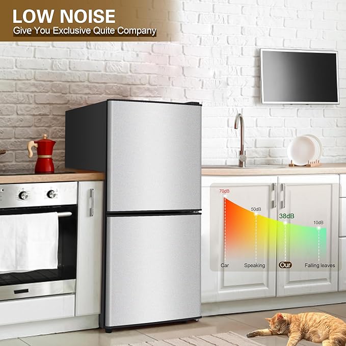 Small Fridge with Freezer 4.2 Cu.Ft., Mini Fridge and Freezer for Dorm with Adjustable Thermostat, Apartmet Size Refrigerator Compact Refrigerator for Kitchen, Dorm, Office, Silver