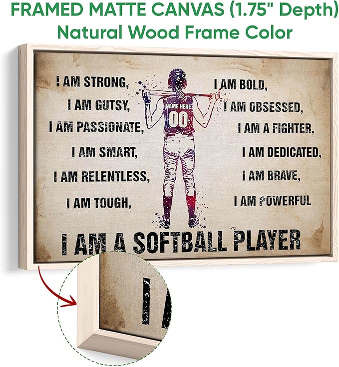 Custom I Am A Softball Player Gift For Her Softball Girl Room Personalized Name Number Poster & Framed Canvas, Wall Art Home Office Decoration Living Room Bedroom Aesthetic Decor