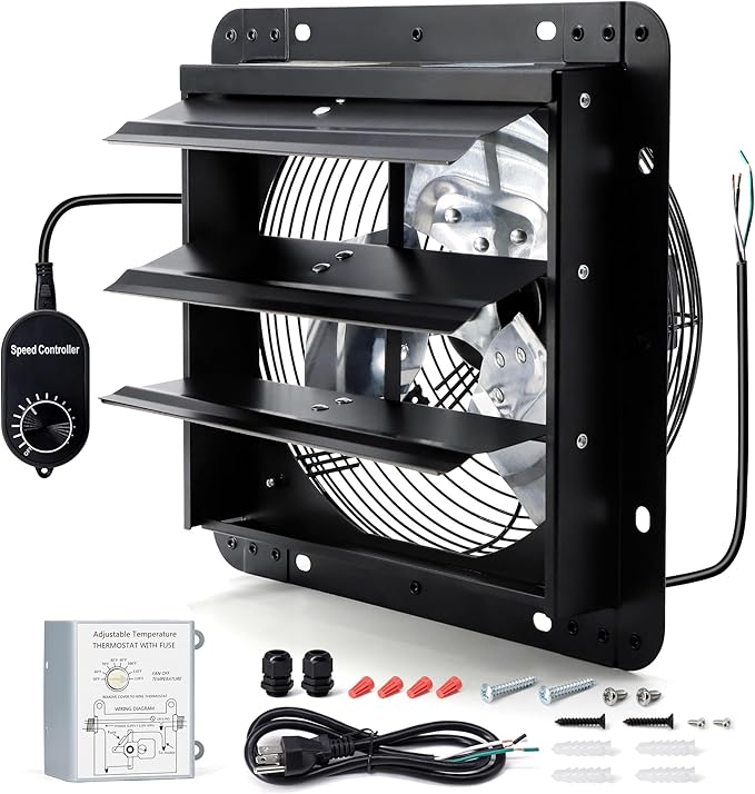 7 Inch Wall Mounted Shutter Exhaust Fan with Thermostat and Speed Controller for Attic, Greenhouse, Shed, Garage, Chicken Coop, Shop, Barn Ventilation, 760 CFM Louvered Vent Fan, Black