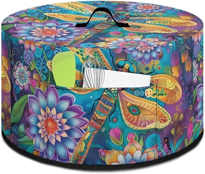 Bohemian Dragonfly Lotus Flower Print Slow Cooker Dust Cover Protective with Pocket Keep Appliance Clean Fit Most 6-8 Quart Crock Pot Kitchen Appliance Organizer Kitchen Accessories