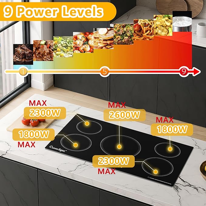 36 Inch Built-In Induction Cooktop, 5 Burner Electric Stove Top, 10800W 240V Hardwired, Touch Control with Power Boost, 9 Levels, Timer, Child Lock & Residual Heat Indicator