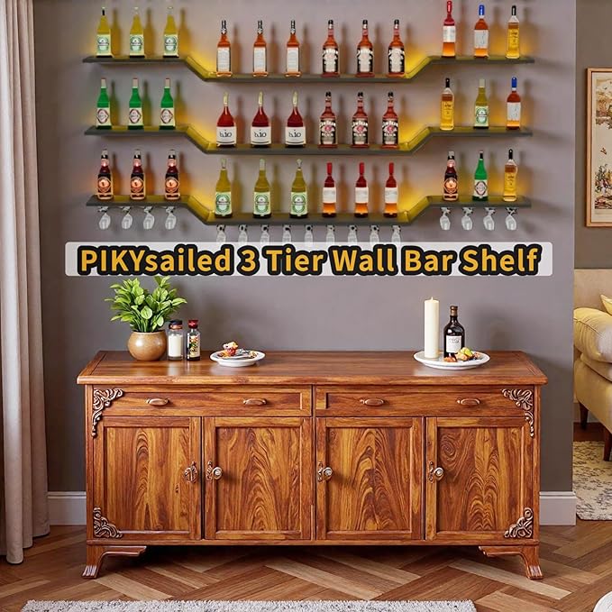 55.1" Wall Mounted LED Wine Rack, 3-Tier Floating Bar Shelves, Large Liquor Shelf with Wine Glass Rack, Large Bar Rack Wall Mounted for Liquor Bottles, Home Bar, Dining Room or Cafe, Black