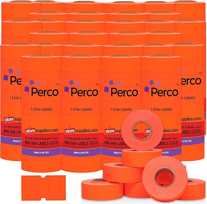Perco 1 Line Fluorescent Red Labels - Case of 30 Sleeves, 240,000 Blank Pricing Labels for Perco Lite, X, Plus and Pro 1 Line Price and Date Guns