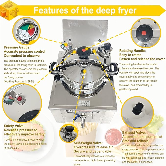 16L Commercial Pressure Fryer, 220V 3000W Electric Countertop Deep Fryer with Digital Control Panel, 304 Stainless Steel Frying Basket with Handle for Chicken Wings Chips Fishes Meatballs