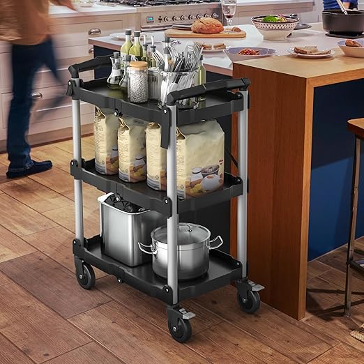 YITAHOME 3-Tier Folding Utility Cart with Wheels, Foldable Service Cart Collapsible Rolling Cart w/ 360° Swivel Wheels & Brake, 350lbs Load Capacity Portable Utility Cart for Kitchen, Warehouse