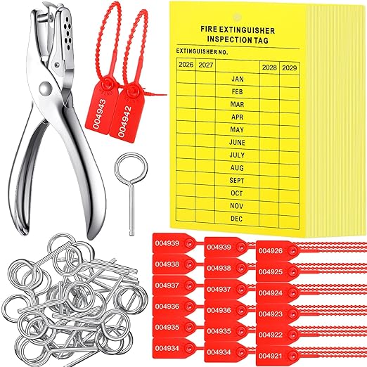 Chunful Fire Extinguisher Inspection Tags Set Including 2025-2028 Maintenance Plastic Tamper Seals Fire Extinguisher Pull Pins Numbered Security Tags with Handheld Hole Puncher(76 Pieces)