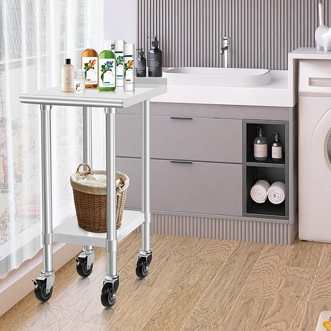 HARDURA Stainless Steel Commercial Work Table with Wheels Prep & Work Metal Table 24×18 Inches Heavy Duty NSF with Casters and 2" Backsplash
