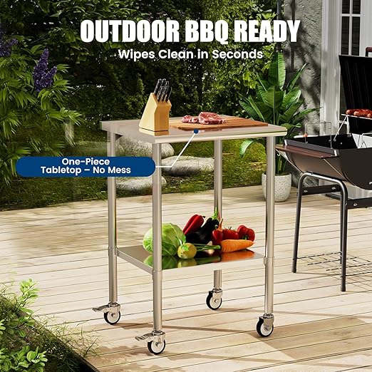 Stainless Steel Work Table with Wheels, 24x24 Inch NSF Kitchen Prep Table with Adjustable Undershelf for Commercial Restaurant, Garage, Outdoor BBQ