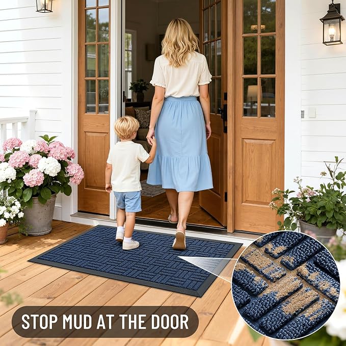 OLANLY Front Door Mat Outside Entrance 59x34, Absorbent, Heavy Duty Sturdy Natural Rubber Doormat Indoor Outdoor, Non-Slip, Stain and Fade Resistant, Low Profile Floor Mat for Entryway, Navy Blue