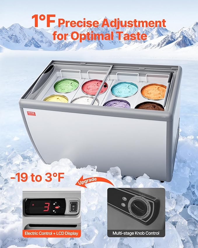 VEVOR Commercial Ice Cream Display Case, 13.1 Cu.ft Chest Freezer, Restaurant Gelato Dipping Cabinet Top Deep Freezer with Locking Casters, Sliding Glass Door, LED Lighting, Hold 8 Ice Cream Tubs