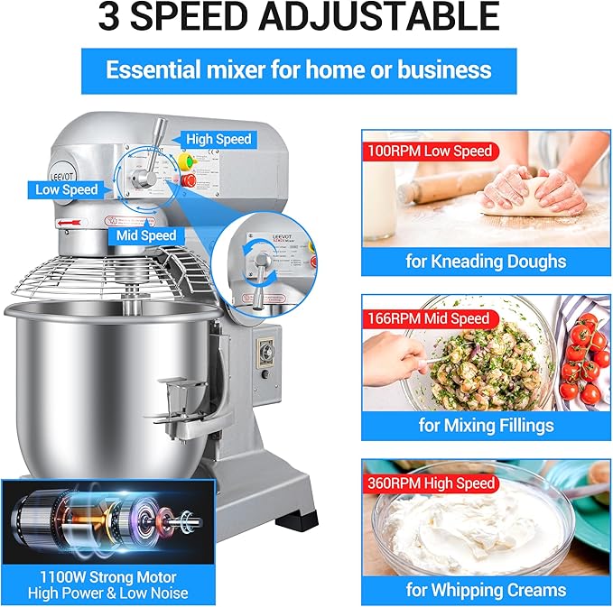 20Qt 1100W Commercial Food Mixer, Commercial mixer 3-Speed Adjustable Heavy Duty Stand Mixer with Stainless Steel Bowl for Bakery Pizzeria.