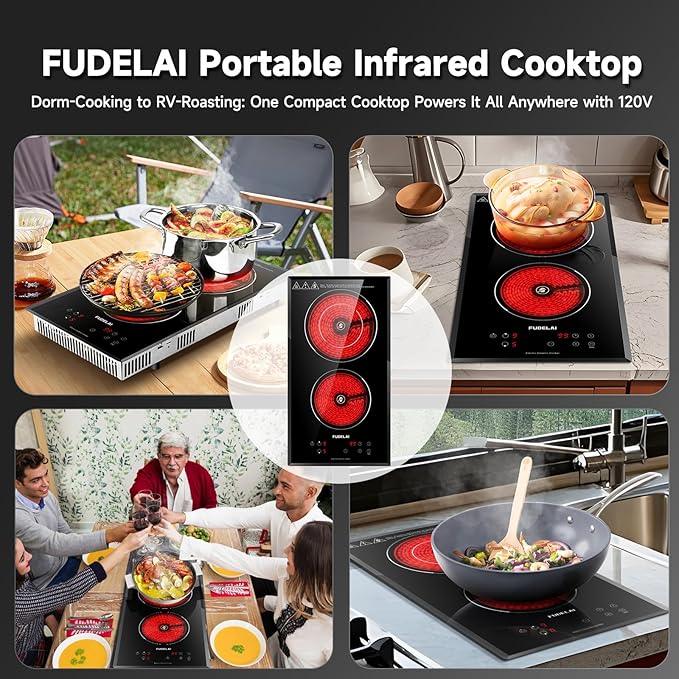 2 Burners Electric Cooktop, Portable Ceramic Cooktop with 9 Power Levels & Timer, 1800W 120V, Child Safety Lock, Built-in/Countertop Use, RV Camping, Safety Auto Shutoff, UL Certified Plug