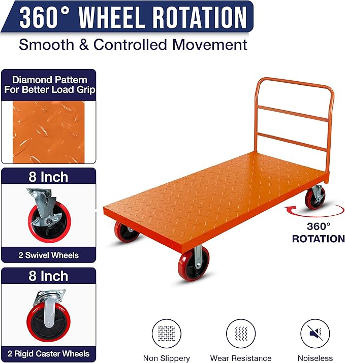 Platform Cart Industrial Dolly Cart 3300LB Heavy Duty 48” x 24” Platform Hand Truck Push Cart Super Heavy Duty Diamond Plate Commercial Flatbed Cart 8'' Moving Swivel Wheels (Orange)