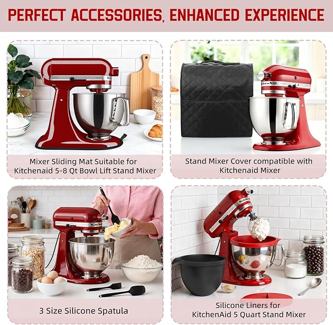 Silicone Bowl Liners for KitchenAid 5 Quart Tilt-Head Mixer,Set of 2 with Lids,Accessories include Mixer Slider Mat,Stand Mixer Dust-proof Cover,Silicone Spatula Set