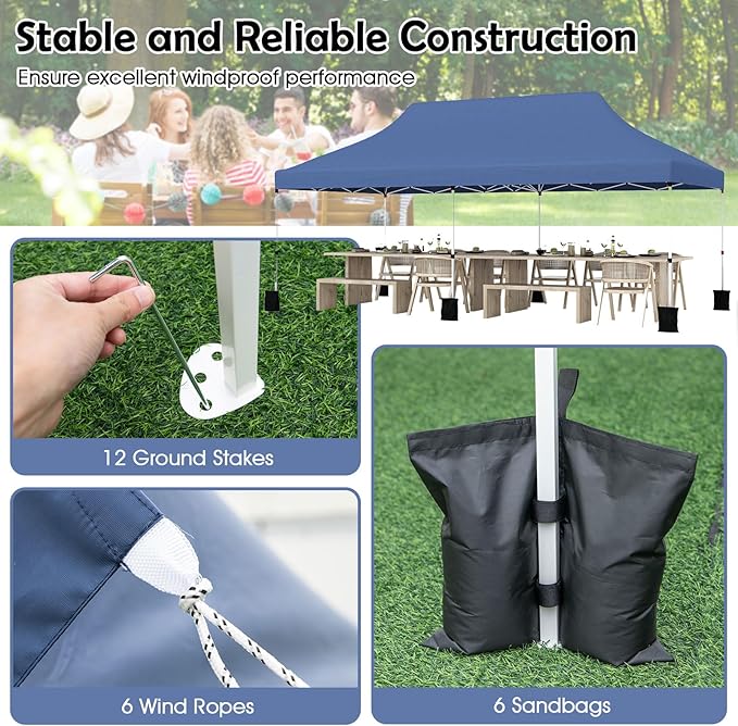 Tangkula 10x20 Ft Pop Up Canopy, Instant Setup Tent with 6 Sandbags, 12 Stakes & 6 Ropes, UPF 50+ Portable Outdoor Canopy Tent with Carrying Bag for Camp, Beach, Patio (Blue)