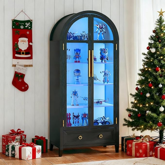 Lvifur 73" Tall Arched Display Cabinet with Glass Doors,4-Tier Curio Cabinets with 3 Color Lights for Collectibles,LED Storage Cabinet with Human Body Sensor,Ajustable Shelf for Toys, Books,Black