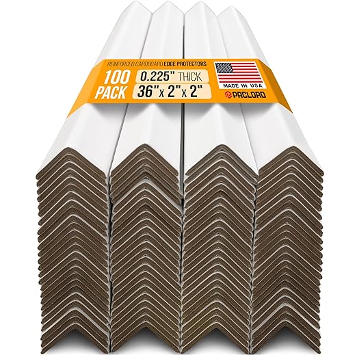 36" x 2" x 2" Reinforced Cardboard Edge Protectors, White (Pack of 100) – 0.225" Thick Extra Heavy-Duty Cardboard Corner Protectors – American Quality V-Board Pallet Edge Guard