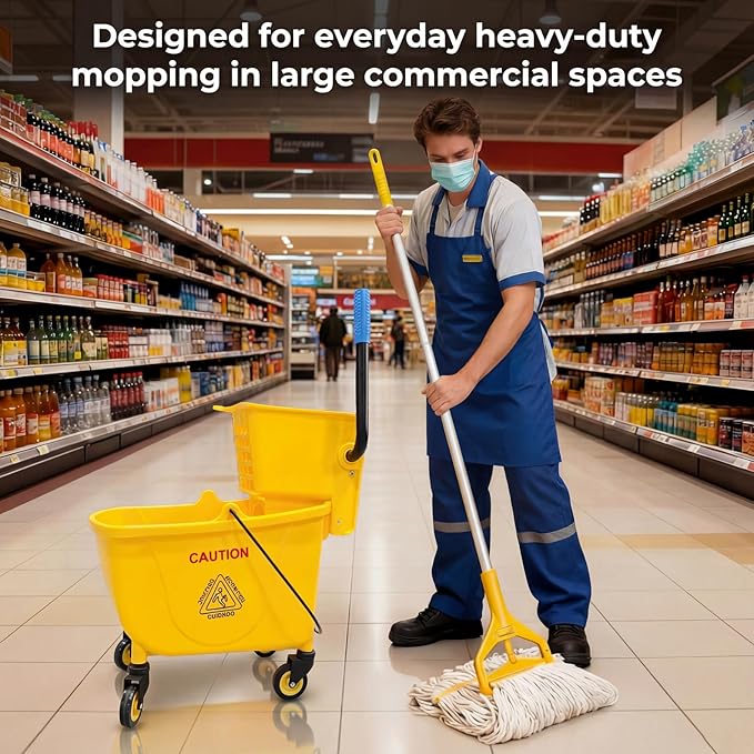 33 Quart Commercial Mop Bucket, with Side-Press Wringer on Wheels. Includes an Industrial Mop. Yellow Industrial Mop Bucket, Suitable for Home, Commercial, Restaurant Cleaning