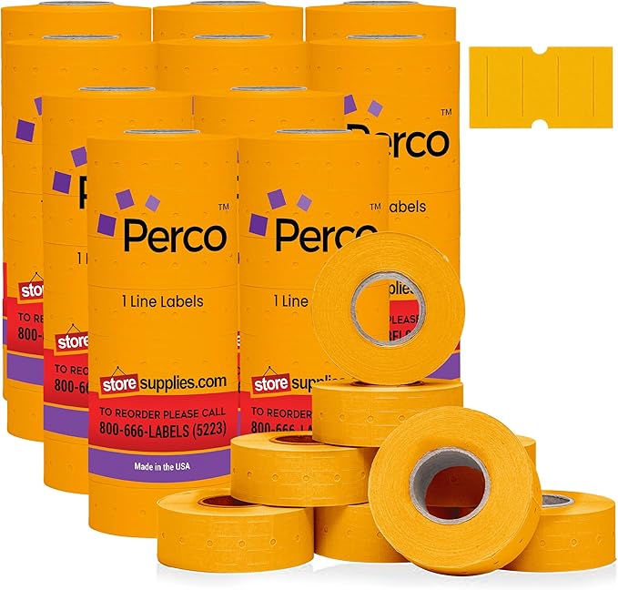 Perco 1 Line Fluorescent Orange Labels - 80 Rolls, 10 Sleeves, 80,000 Blank Price and Date Gun Labels for Perco Lite, X, Plus and Pro 1 Line Price and Date Guns - Made in USA
