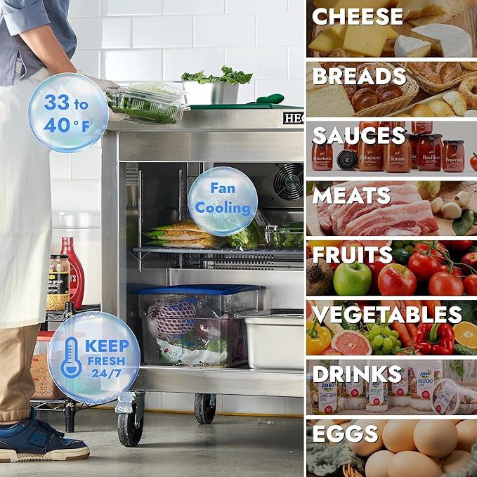 HECMAC 27" Commercial Refrigerator, 7.2 Cu.ft Worktop Undercounter Fridge with Single Solid Door, 33~40℉, 18-8 Stainless Steel Interior, ETL&NSF/ANSI 7 for Restaurant, Bar, Shop, Kitchen Use