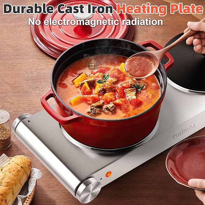 CUSIMAX Electric Hot Plate, 1800W Double Burner, Cast Iron Countertop Cooktop, Hot Plates for Cooking, Portable Countertop Stove, Compatible with all Cookwares, Upgraded Version