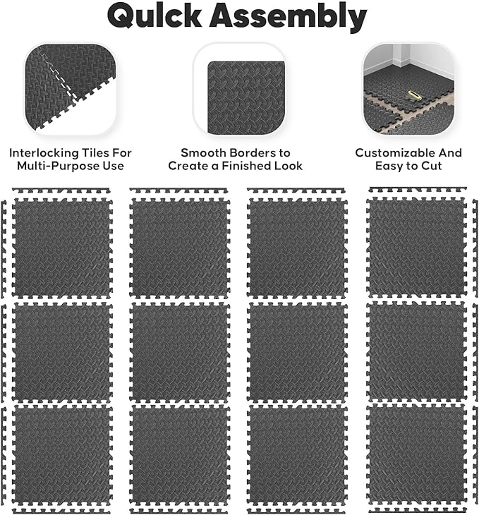 Home Gym Mat, Puzzle Exercise Mat, EVA Interlocking Foam Floor Tiles for Home Workout Equipment and Kids' Play Areas - Black, 24 in x 24 in x ½ in - 24 Tiles (Black, 24 Pack, 96 SQ FT)