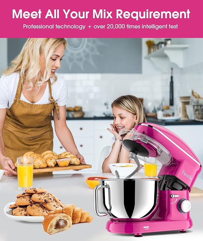 Facelle Stand Mixer, Electric Kitchen Mixer, 660W 6 Speed Tilt-Head stand mixer with Pulse, Attachments include 6.5QT Bowl, Dishwasher Safe Beater,Dough Hook,Whisk for Dough,Baking,Cakes,Cookie-Purple