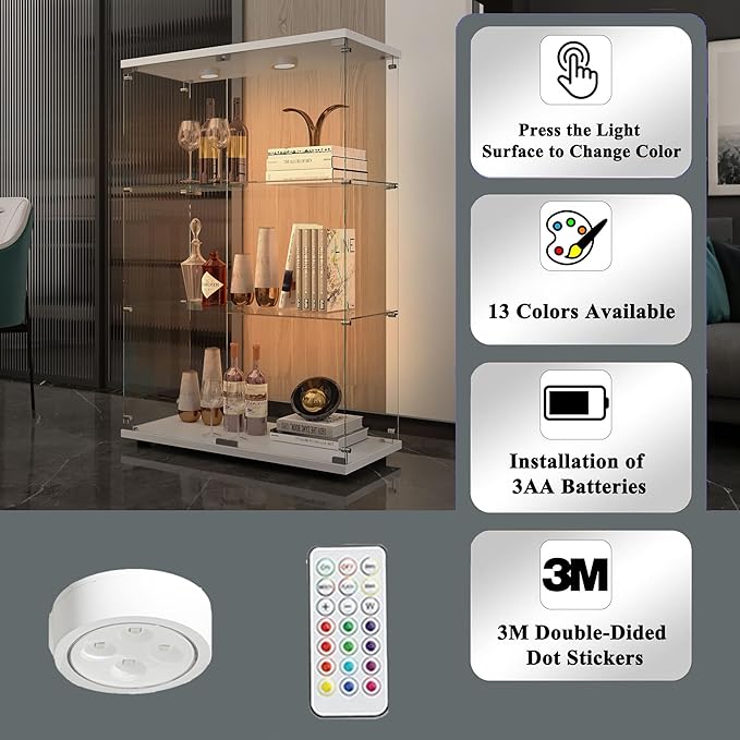Glass Display Cabinet with LED, 3 Shelves with 2 Doors, Curio Storage Cabinets with Lock for Living Room, Office, Floor Standing Glass Bookshelf, Quick Installation - White