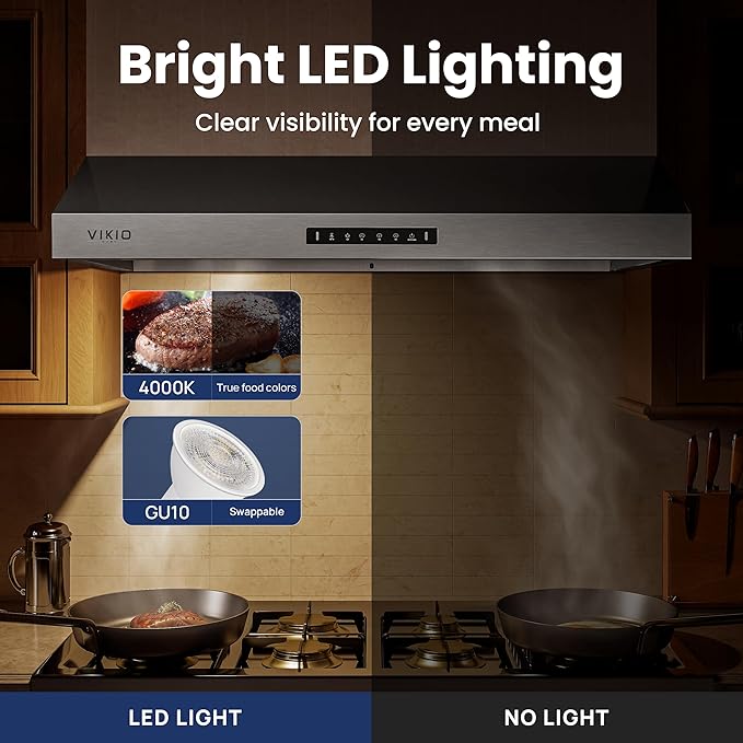 30 inch Range Hood Stainless Steel(PVD), Black Stove Hood with 1200 CFM with 1.5 Sones Quiet,3 Speed Exhaust Fan Hood Vents for Kitchen,Under Cabinet Range Hood with GU10 LED Lights