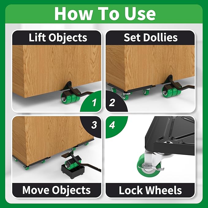 Heavy Duty Furniture Dolly 360° Rotating 5 Wheels, Alloy Steel Furniture Movers Up to 3000 lbs/1360 Kg Load Capacity with Measure Tape and Leveler (5.3x5.3 in)