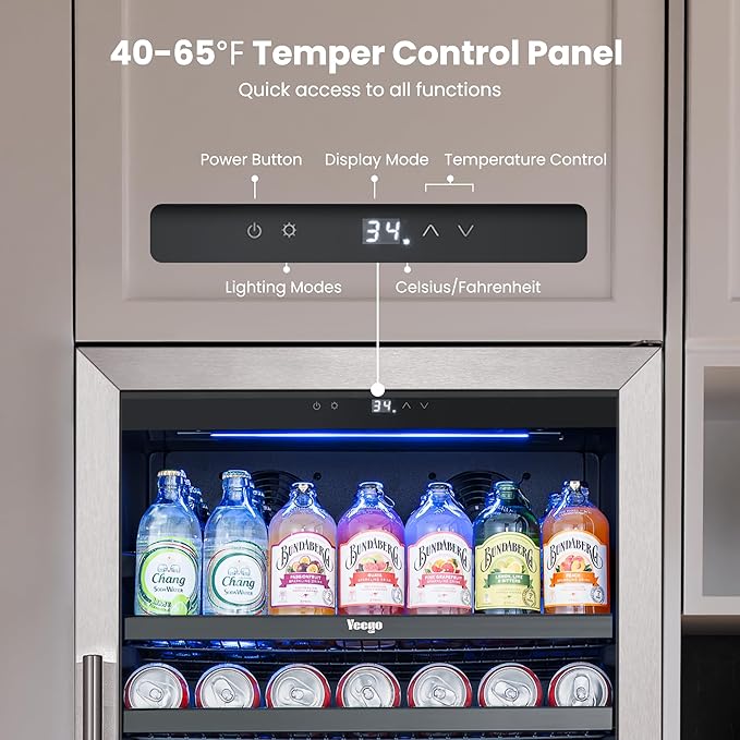 Yeego Beverage Refrigerator & Drink Fridge - 24 inch 378 Cans Beer Cooler with Glass Door, 34-54℉ Built-in or Freestanding Refrigerator with Door Lock, For Drink Soda Wine and Kitchen, Bar or Office