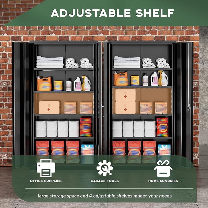 Greenvelly 72" H Metal Storage Cabinet, 36" W x 18" D Black Locking Metal Cabinet Garage Storage Cabinet with Doors and 4 Adjustable Shelves, Lockable Steel Cabinets for Home Office, Garage, School