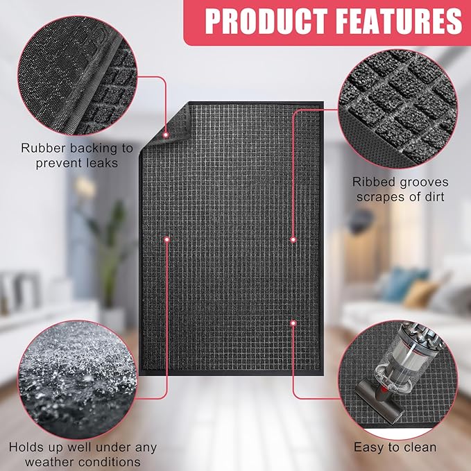 Kuyal Front Door Mat, 3'*4' Door Mat for Inside Outside Entrance,Waterproof Welcome Mats with Non-Slip Backing, Indoor Outdoor Entryway, Commercial Floor Mats, Durable & Easy to Clean, Dark Gray