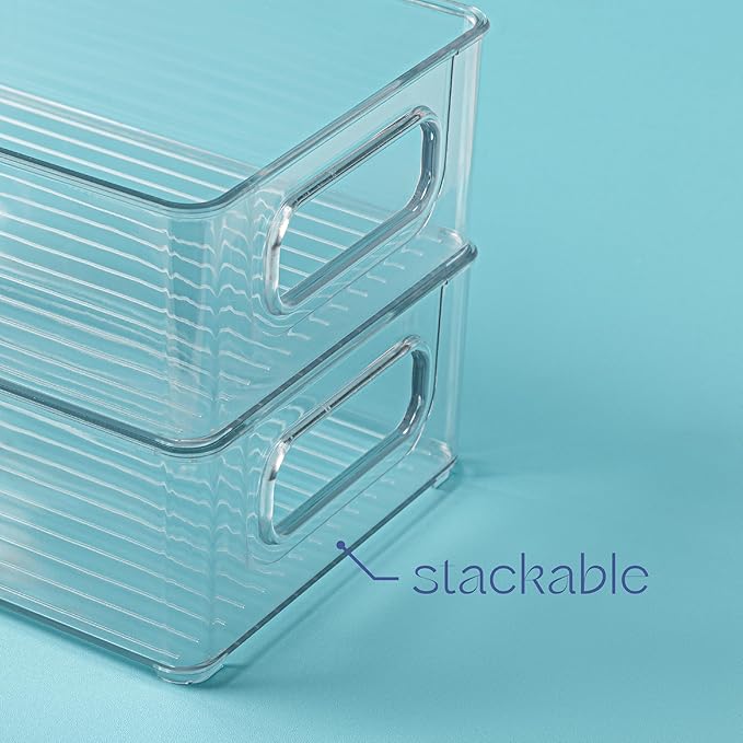 primebox 6 Pack Clear Plastic Organizing Container with Integraged Handles for Home Organization for Kitchen, Pantry, Fridge, Freezer, Cabinet,Bathroom, Stackable. 10"x6"x3"