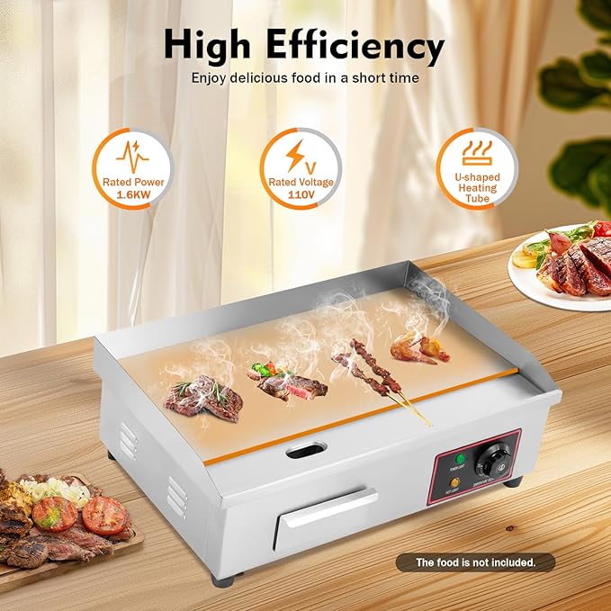 22" Commercial Electric Griddle, 110V 1600W Electric Stove Countertop Flat Top Grill Non-Stick Stainless Steel Teppanyaki Grill with Plug, Adjustable Temperature Control 122°F-572°F