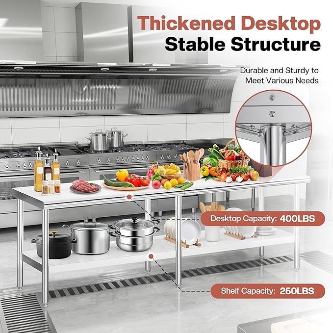 Jocisland 30" x 108" Stainless Steel Table for Prep & Work Adjustable Under Shelf and Feet, for Commercial Kitchen, Restaurant, Hotel, Garage