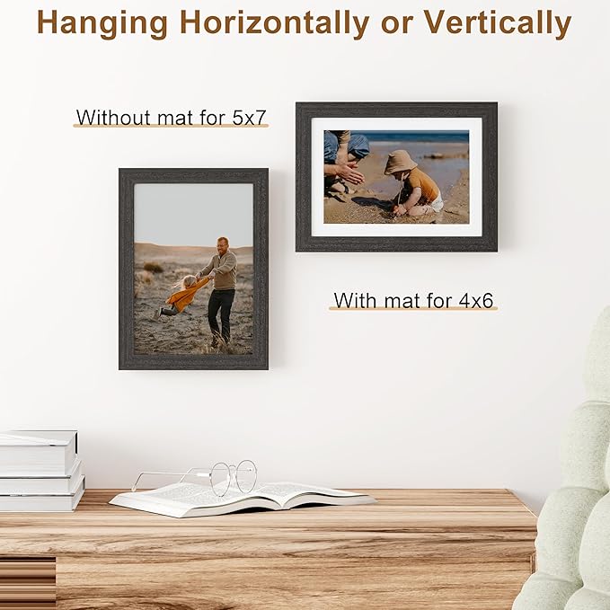 Vittanly 5x7 Picture Frame, Solid Wood Frame with Plexiglass, Includes 4x6 Mat, Wall Hanging or Tabletop for Home Decor, Black, 1 Pack