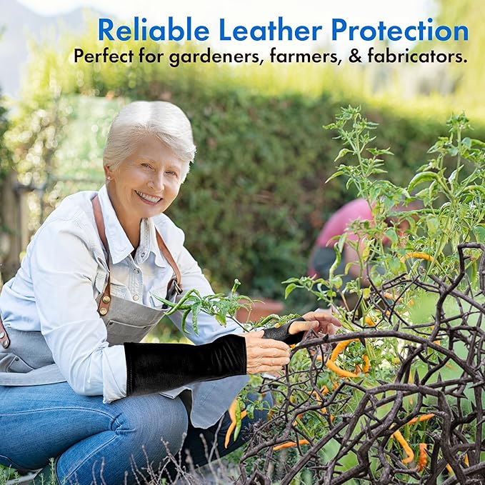 Arm Chaps Leather Protective Sleeves Arm Guard - Prevent Cuts, Scratches & Bruises - Genuine Cowhide - Ideal for Gardening & Construction - Left & Right Form-Fitting. Black (1 Pair/Large).