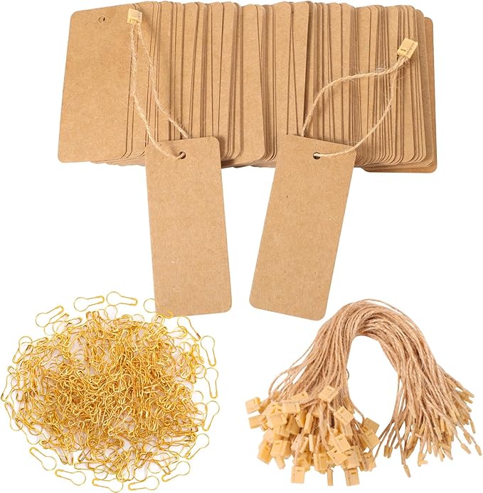 300 Set Price Tags with String Gift Tags with Safety Pins Custom Clothing Tag Brown Paper Hang Tag for Clothes Crafts Display(Brown)